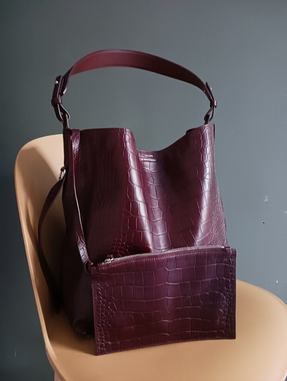 Allsaints Polly North  South Croc-Embossed Burgundy Leather Hobo Tote with Pouch